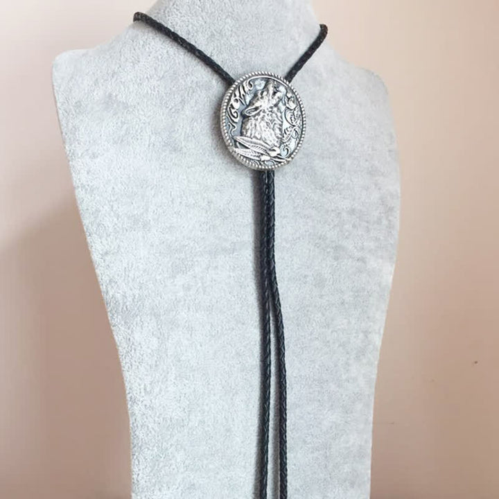 Howling Wolf Head Surrounding Leaves Bolo Tie - image 2