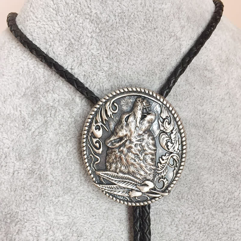 Howling Wolf Head Surrounding Leaves Bolo Tie - image 1