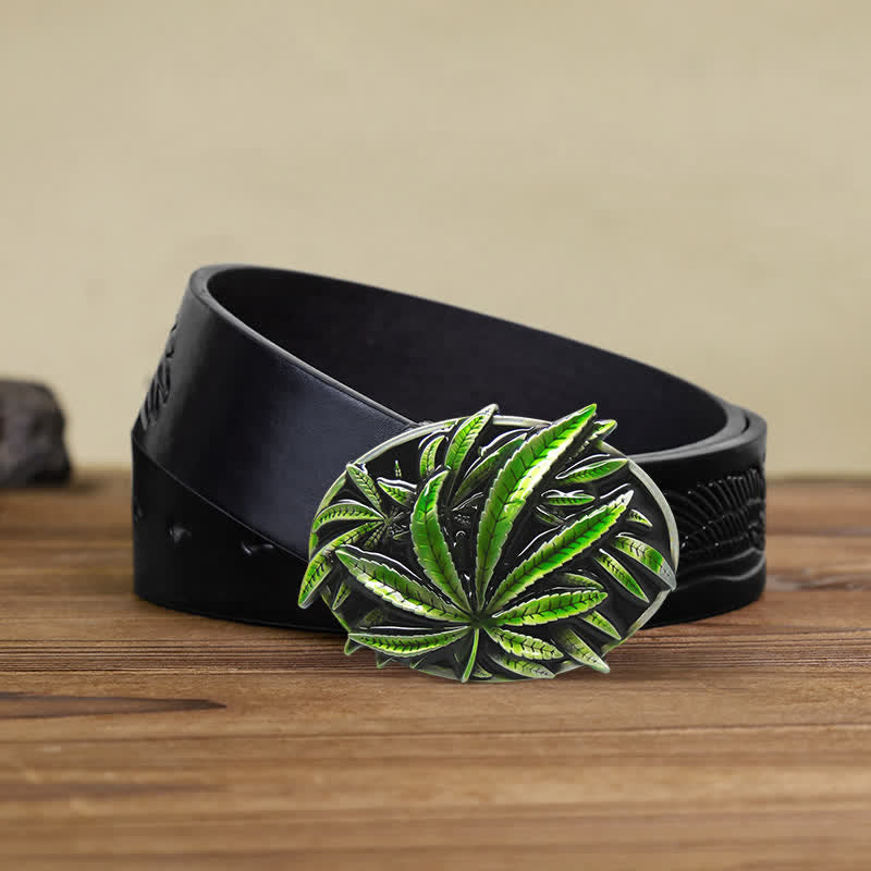 Men's DIY Green Maple Plant Buckle Leather Belt - Maple - Black Embossed Eagle Belt - 42 - image 1