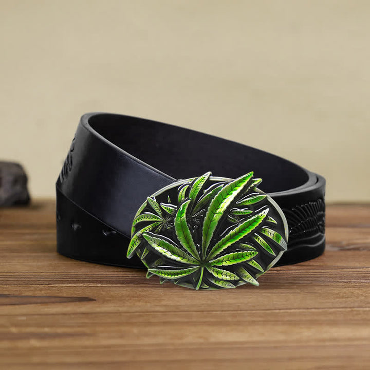 Men's DIY Green Maple Plant Buckle Leather Belt - Maple - Black Embossed Eagle Belt - 42 - image 1