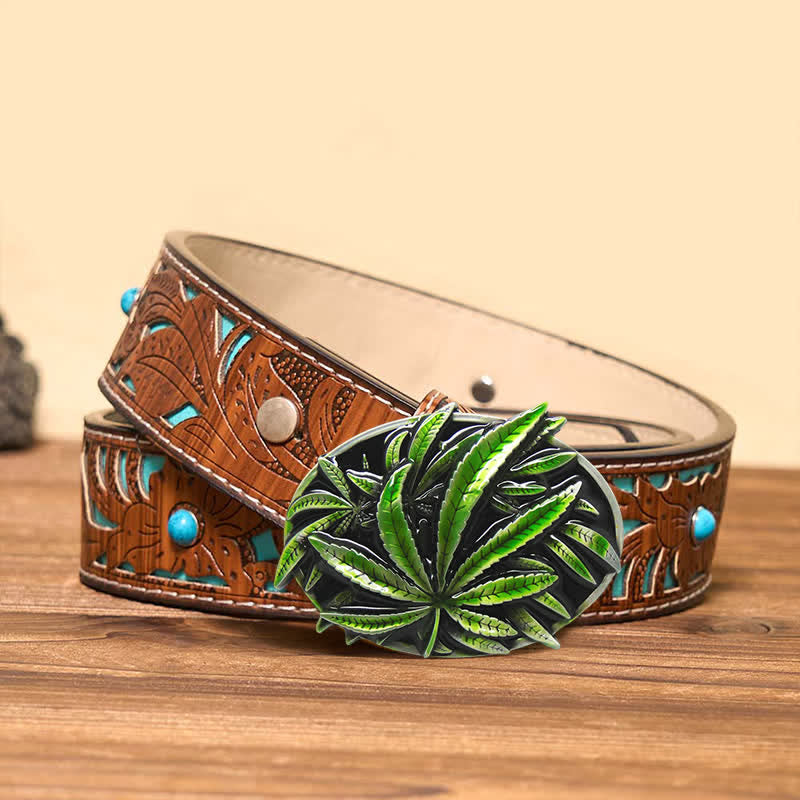 Men's DIY Green Maple Plant Buckle Leather Belt - Maple - Turquoise Carved Belt - 42 - image 2