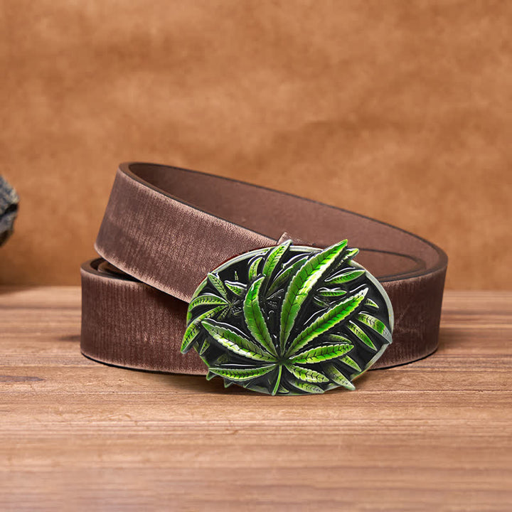 Men's DIY Green Maple Plant Buckle Leather Belt - Maple - Brown Distressed Belt - 42 - image 4