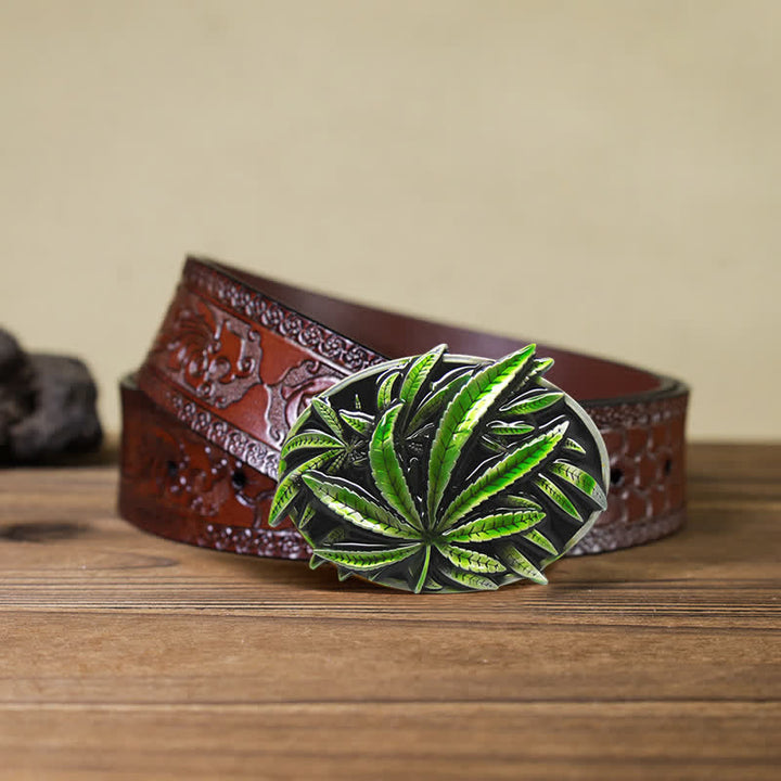 Men's DIY Green Maple Plant Buckle Leather Belt - Maple - Brown Carved Belt - 42 - image 5