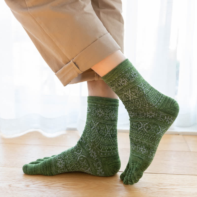 Men's Vintage Style Pattern Five Fingers Crew Socks - Green - 6 Pairs - One Size (US 6.5 - US 10) - image 6