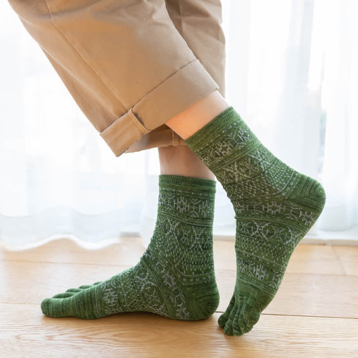 Men's Vintage Style Pattern Five Fingers Crew Socks - Green - 6 Pairs - One Size (US 6.5 - US 10) - image 6