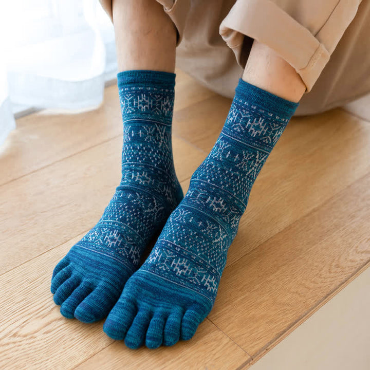 Men's Vintage Style Pattern Five Fingers Crew Socks - Blue - 6 Pairs - One Size (US 6.5 - US 10) - image 3