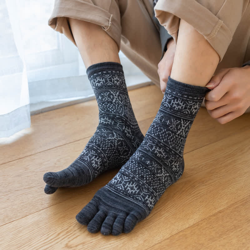Men's Vintage Style Pattern Five Fingers Crew Socks - Black - 6 Pairs - One Size (US 6.5 - US 10) - image 0