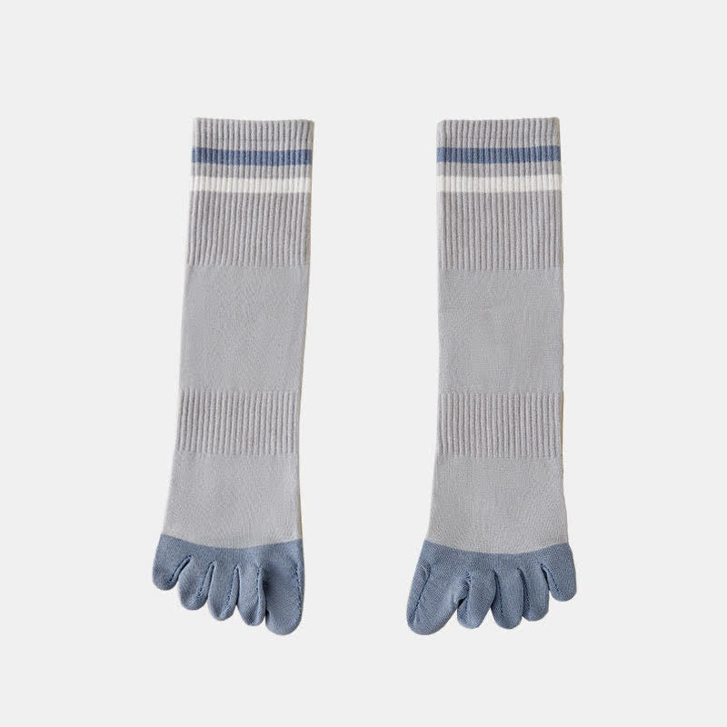 Men's Fashion Striped Color Matching Five Fingers Crew Socks - Light Gray - 6 Pairs - One Size (US 6.5 - US 10) - image 8