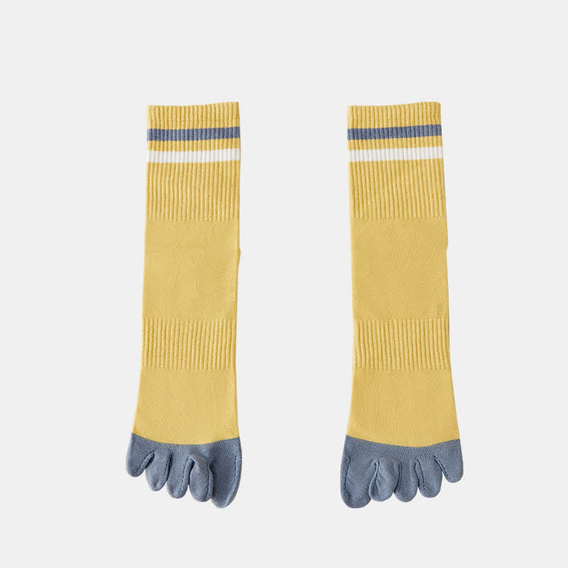 Men's Fashion Striped Color Matching Five Fingers Crew Socks - Yellow - 6 Pairs - One Size (US 6.5 - US 10) - image 12