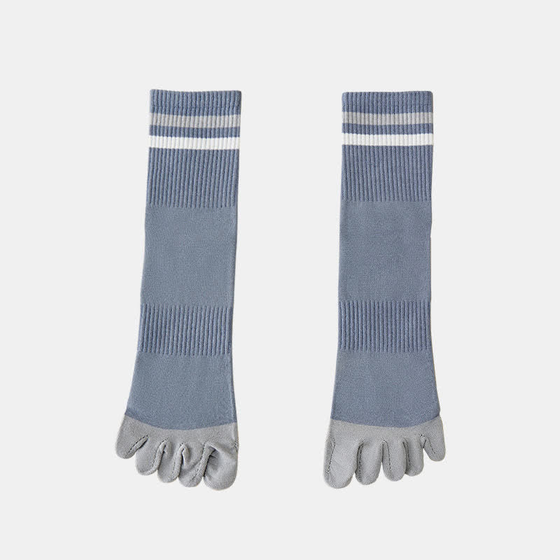 Men's Fashion Striped Color Matching Five Fingers Crew Socks - Light Steel Blue - 6 Pairs - One Size (US 6.5 - US 10) - image 11