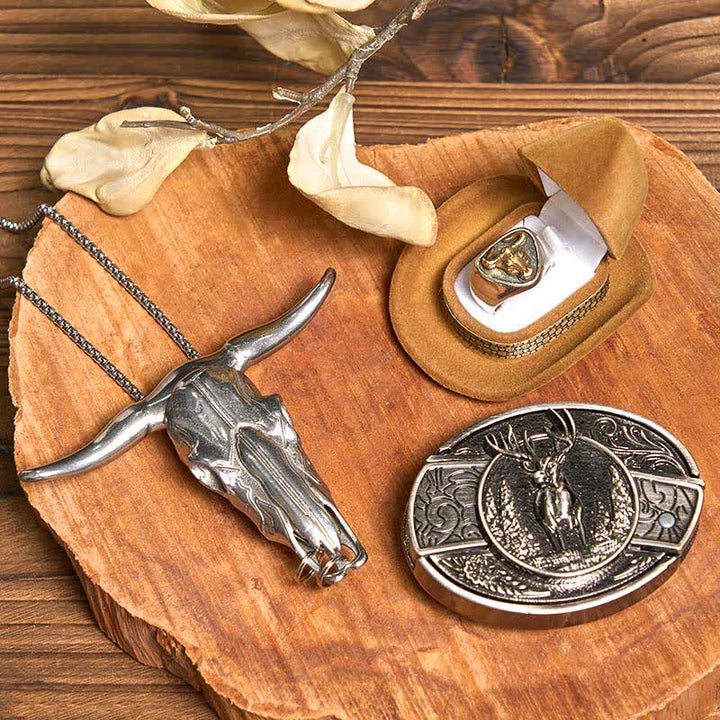 Deer DIY Hidden Knife Belt Buckle Longhorn Bull Pendant Ring Bundle Set - Deer - Without Belt - Without Belt - image 1