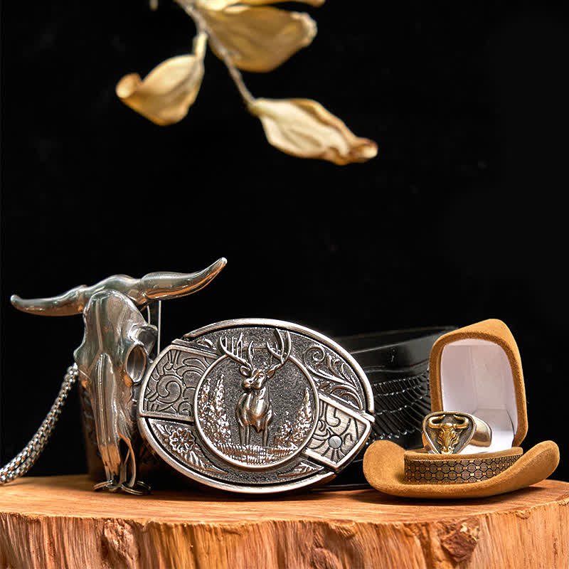 Deer DIY Hidden Knife Belt Buckle Longhorn Bull Pendant Ring Bundle Set - Deer - Black Embossed Eagle Belt - 42 - image 0