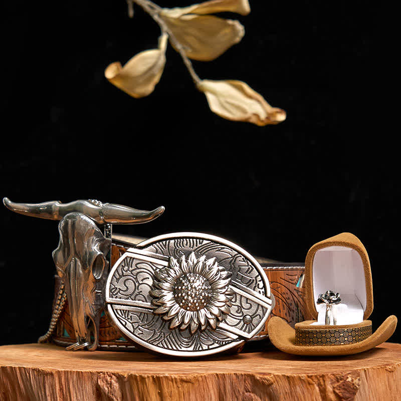 Sunflower DIY Hidden Knife Belt Buckle Bull Pendant Rose Ring Bundle Set - Sunflower - Turquoise Carved Belt - 42 - image 6