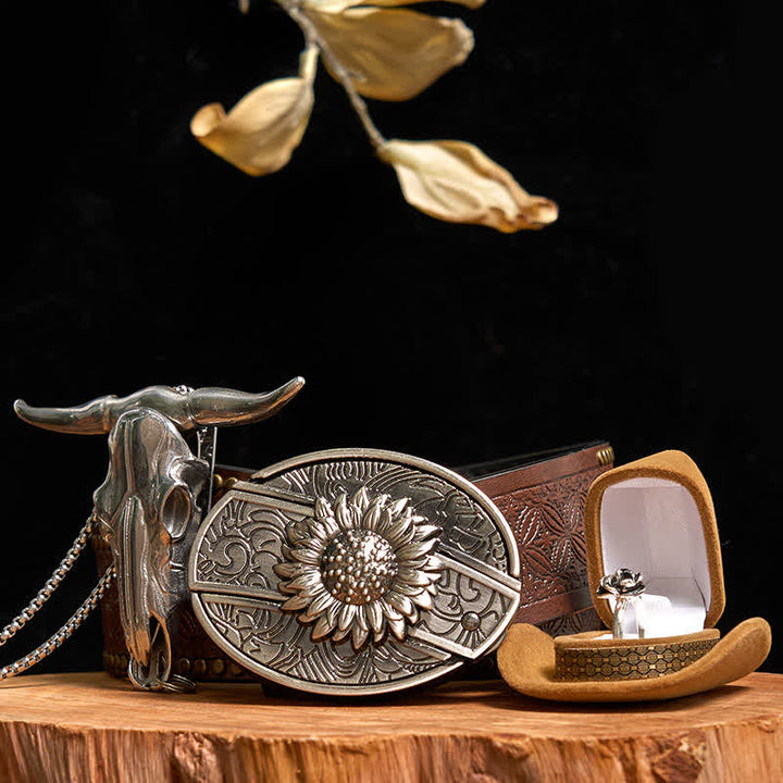 Sunflower DIY Hidden Knife Belt Buckle Bull Pendant Rose Ring Bundle Set - Sunflower - Brown Rivet Belt - 42 - image 7