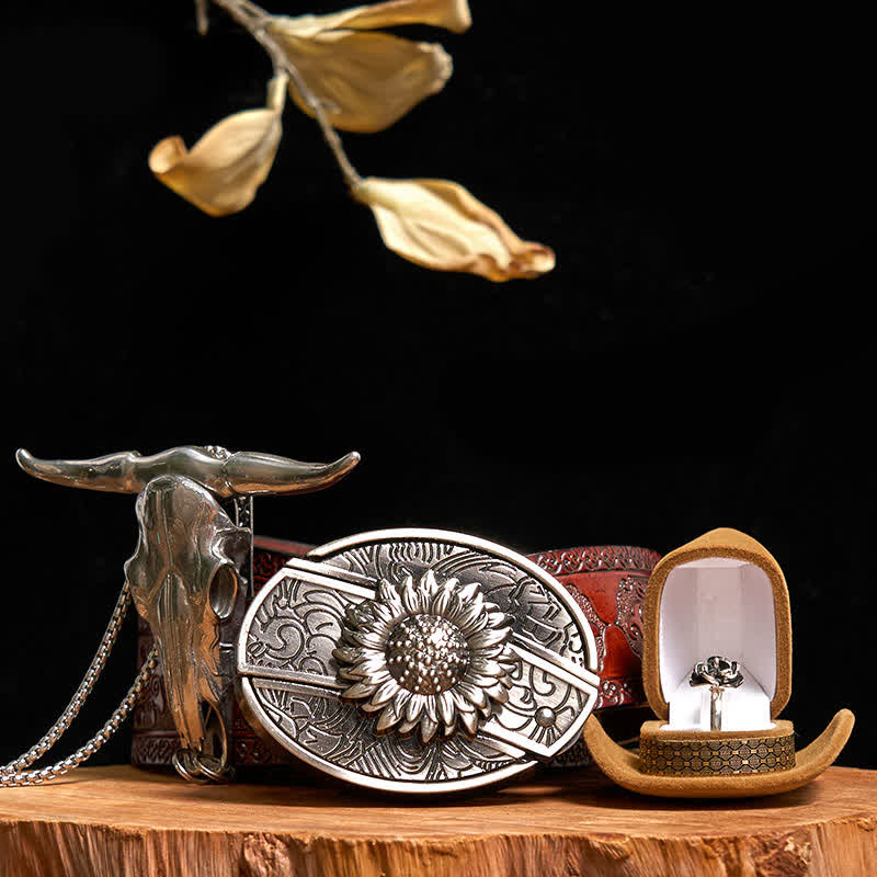 Sunflower DIY Hidden Knife Belt Buckle Bull Pendant Rose Ring Bundle Set - Sunflower - Brown Carved Belt - 42 - image 9