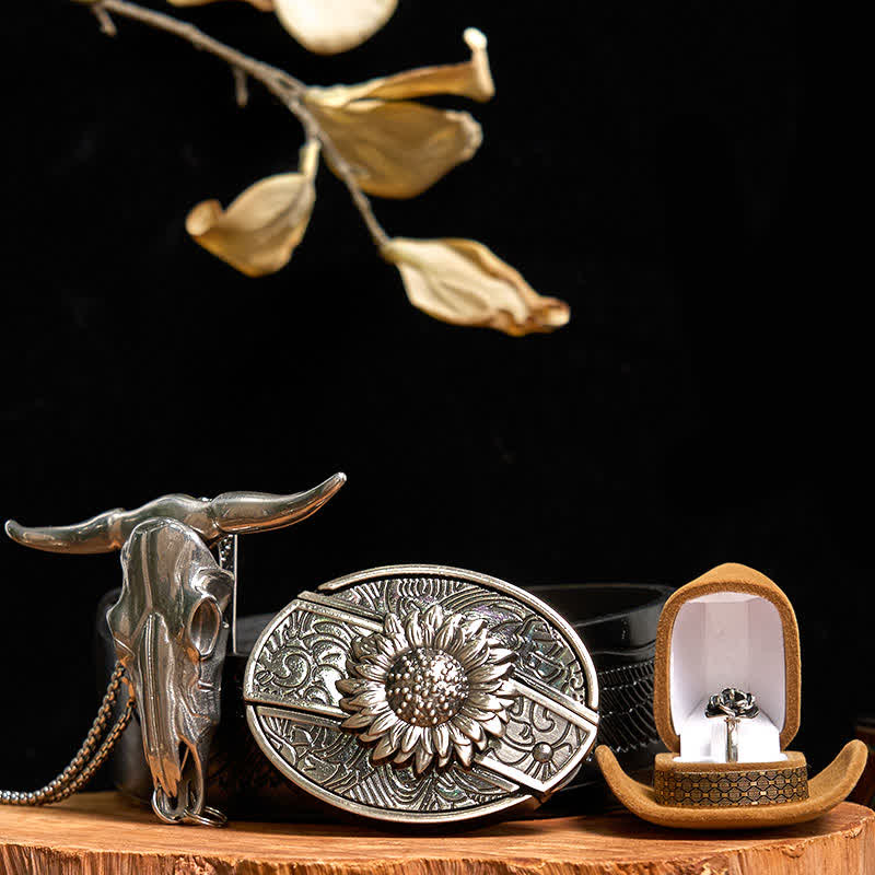 Sunflower DIY Hidden Knife Belt Buckle Bull Pendant Rose Ring Bundle Set - Sunflower - Black Embossed Eagle Belt - 42 - image 0