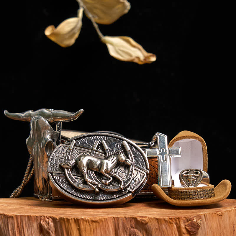 DIY Horse Hidden Knife Belt Buckle Cross Necklace Bull Pendant Ring Bundle Set - Horse - Turquoise Carved Belt - 42 - image 5