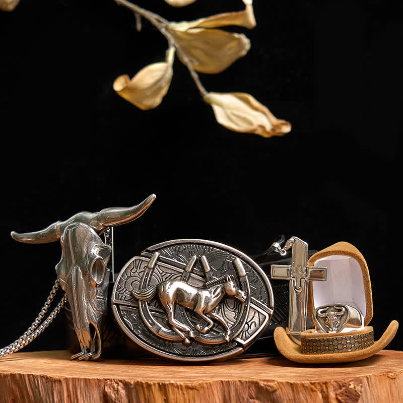 DIY Horse Hidden Knife Belt Buckle Cross Necklace Bull Pendant Ring Bundle Set - Horse - Black Embossed Eagle Belt - 42 - image 0