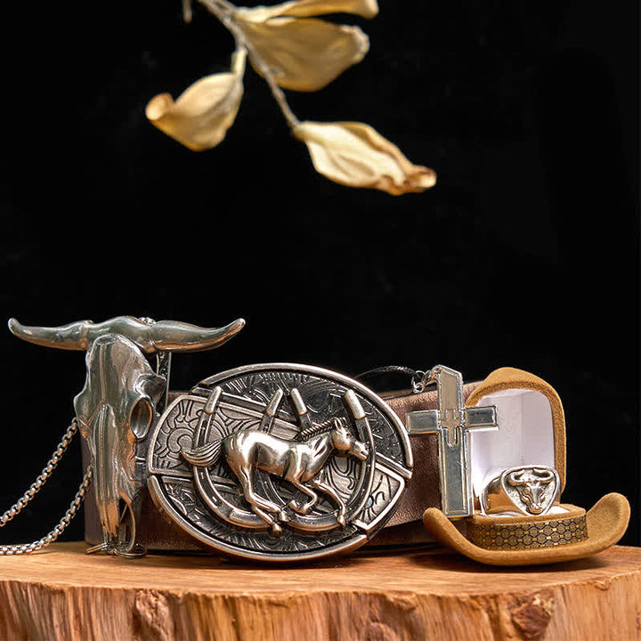 DIY Horse Hidden Knife Belt Buckle Cross Necklace Bull Pendant Ring Bundle Set - Horse - Brown Distressed Belt - 42 - image 7