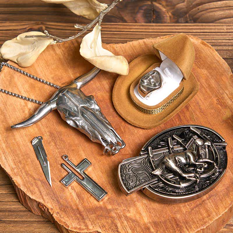 DIY Horse Hidden Knife Belt Buckle Cross Necklace Bull Pendant Ring Bundle Set - image 2