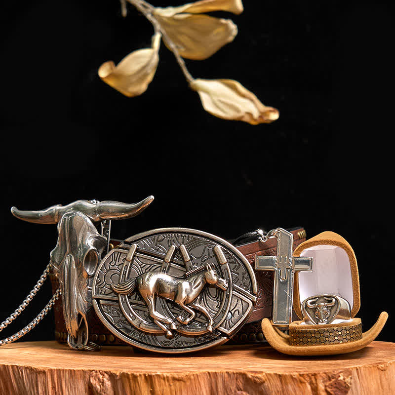 DIY Horse Hidden Knife Belt Buckle Cross Necklace Bull Pendant Ring Bundle Set - Horse - Brown Rivet Belt - 42 - image 6