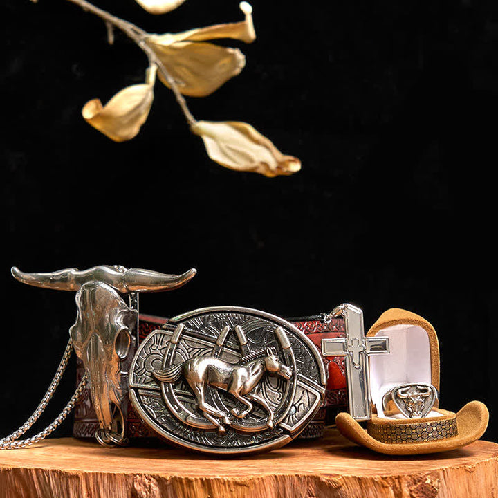 DIY Horse Hidden Knife Belt Buckle Cross Necklace Bull Pendant Ring Bundle Set - Horse - Brown Carved Belt - 42 - image 8