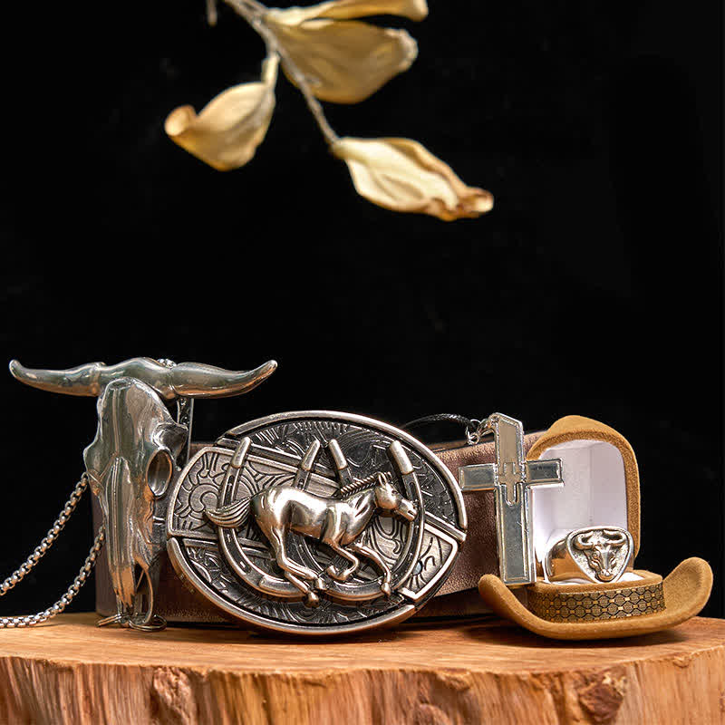 DIY Horse Hidden Knife Belt Buckle Cross Necklace Bull Pendant Ring Bundle Set - Horse - Brown Distressed Belt - 42 - image 7