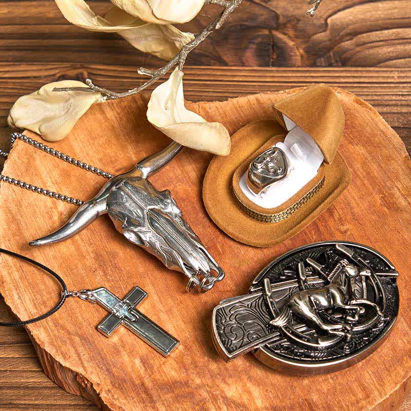 DIY Horse Hidden Knife Belt Buckle Cross Necklace Bull Pendant Ring Bundle Set - Horse - Without Belt - Not Included Belt - image 1