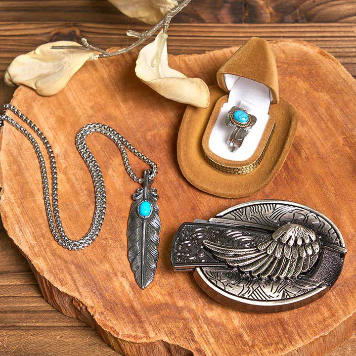 Angle Wing DIY Hidden Knife Belt Buckle Turquoise Feather Necklace Ring Bundle Set - Wings - Without Belt - Not Included Belt - image 1
