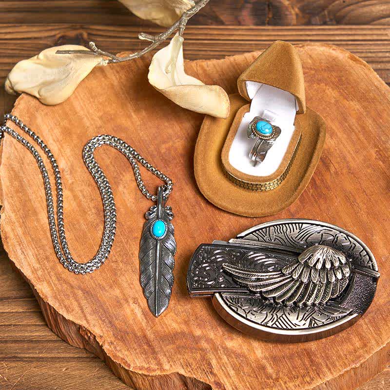 Angle Wing DIY Hidden Knife Belt Buckle Turquoise Feather Necklace Ring Bundle Set (PRE-SALE) - Wings - Without Belt - Not Included Belt - image 1