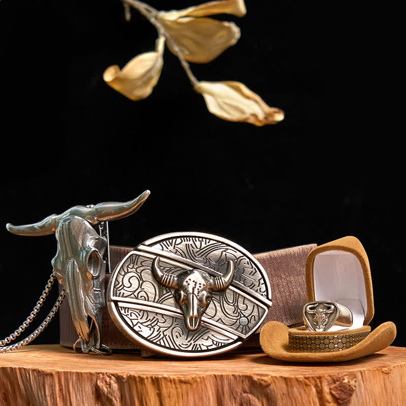 Longhorn Bull DIY Hidden Knife Belt Buckle Pendant Ring Bundle Set - Silver - Brown Distressed Belt - 42 - image 13