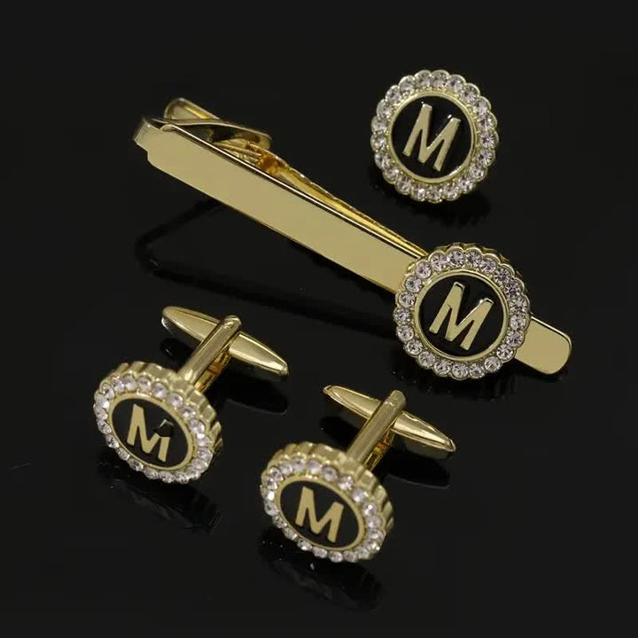 3Pcs Men's Gold 26 Capital Letters Tie Clip Brooch Cufflinks Set - M - image 12