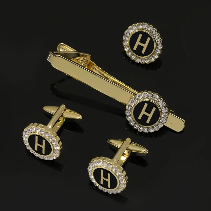3Pcs Men's Gold 26 Capital Letters Tie Clip Brooch Cufflinks Set - H - image 7