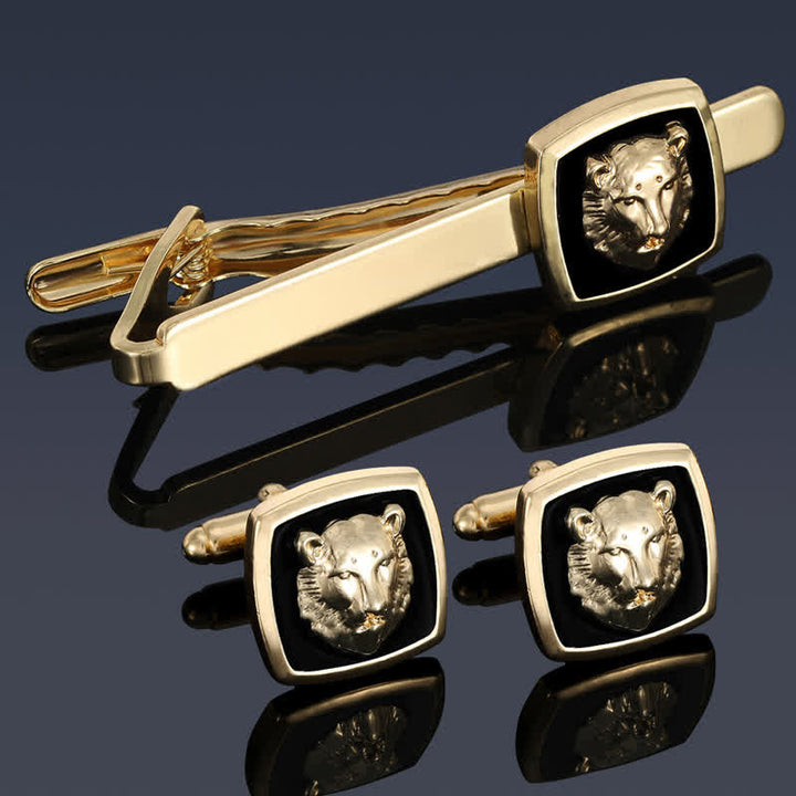 2Pcs Men's Black & Gold Tiger Shape Tie Clip Cufflinks Set - image 1