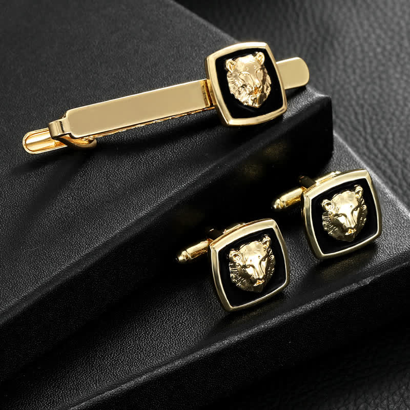 2Pcs Men's Black & Gold Tiger Shape Tie Clip Cufflinks Set - Gold & Black - image 0