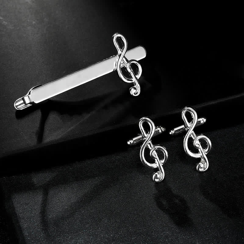 2Pcs Men's Silver Fashion Music Note Tie Clip Cufflinks Set - Silver - image 6