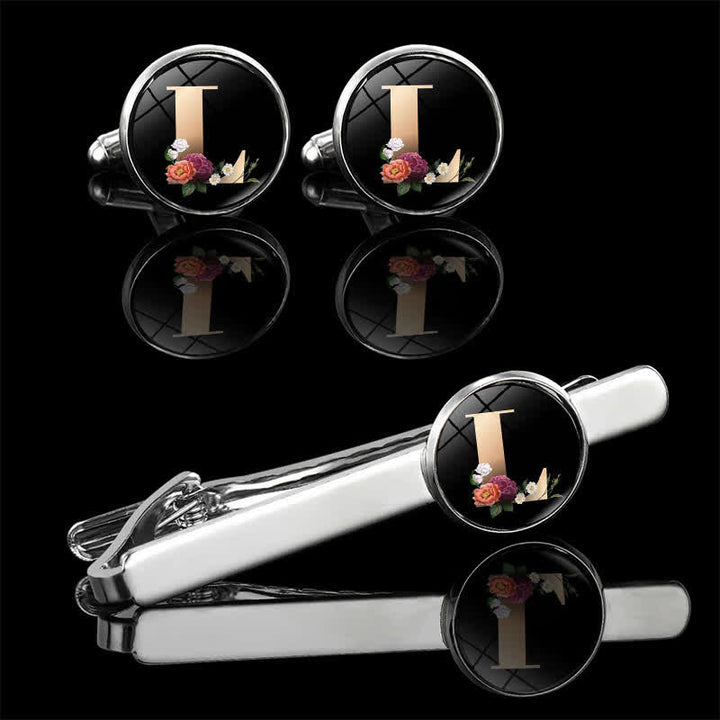 3Pcs Men's Flower 26 Capital Letters Tie Clip Brooch Cufflinks Set - L - image 14