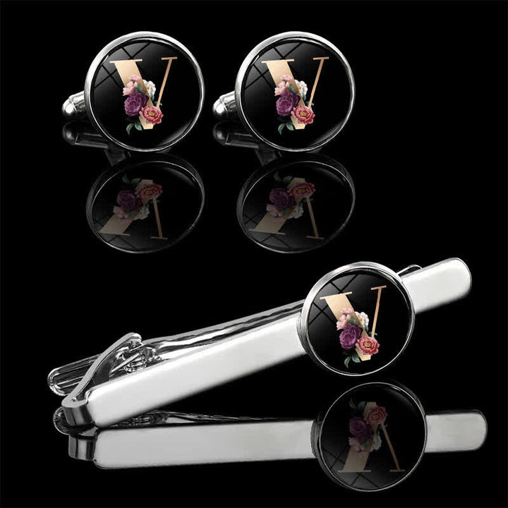 3Pcs Men's Flower 26 Capital Letters Tie Clip Brooch Cufflinks Set - V - image 24