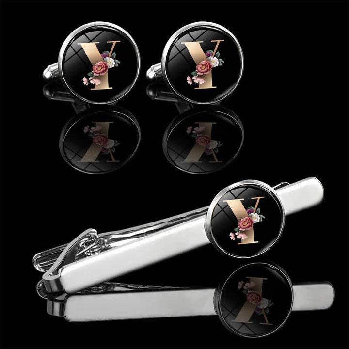 3Pcs Men's Flower 26 Capital Letters Tie Clip Brooch Cufflinks Set - Y - image 27
