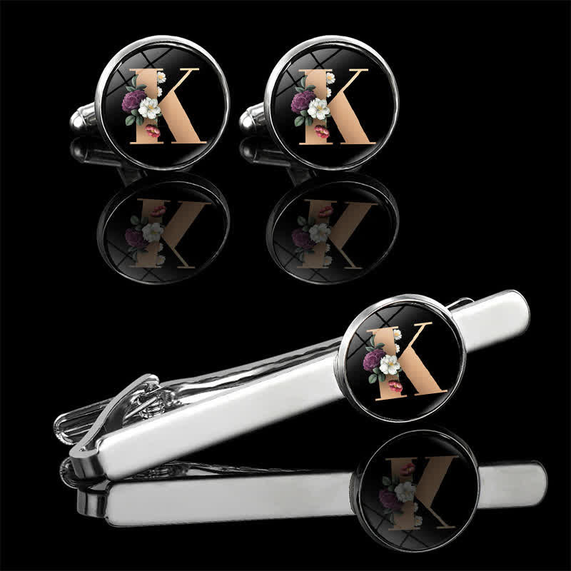 3Pcs Men's Flower 26 Capital Letters Tie Clip Brooch Cufflinks Set - K - image 13
