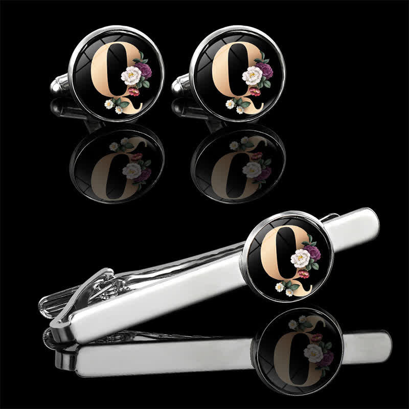 3Pcs Men's Flower 26 Capital Letters Tie Clip Brooch Cufflinks Set - Q - image 19