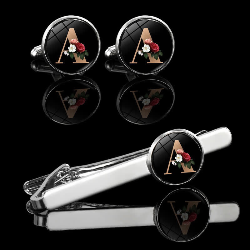 3Pcs Men's Flower 26 Capital Letters Tie Clip Brooch Cufflinks Set - A - image 0
