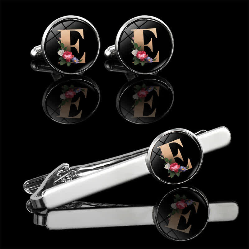 3Pcs Men's Flower 26 Capital Letters Tie Clip Brooch Cufflinks Set - E - image 7