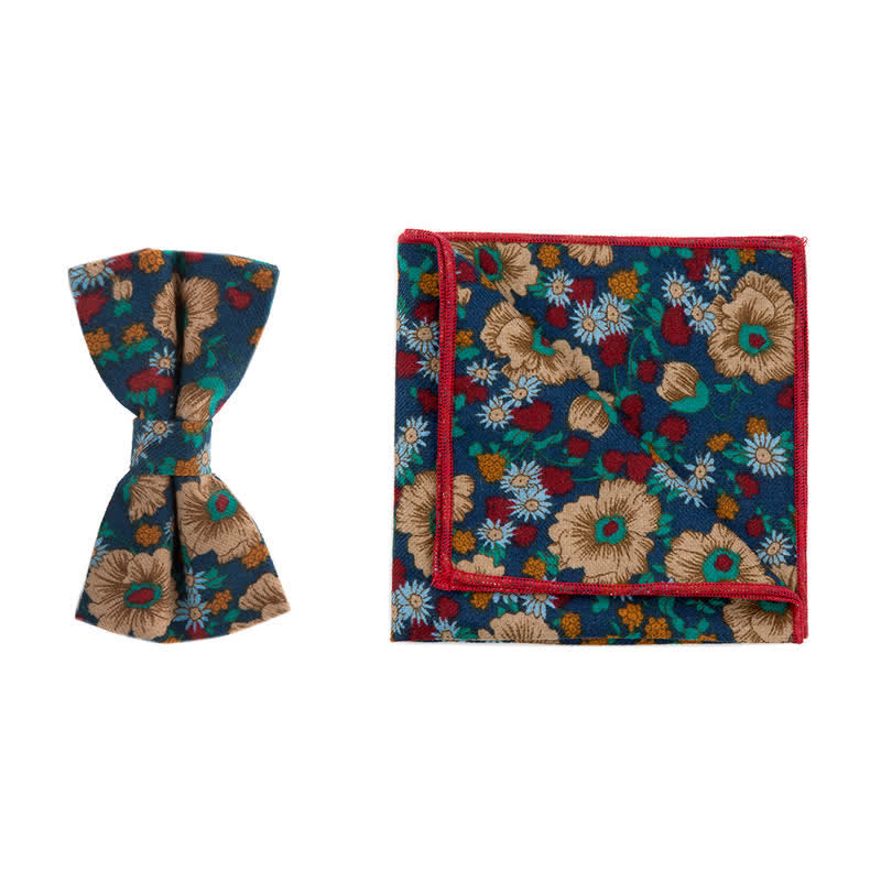 2Pcs Men's Flower Cotton Handkerchief Bow Tie Set - Blue - Bow Tie + Square Scarf - image 3