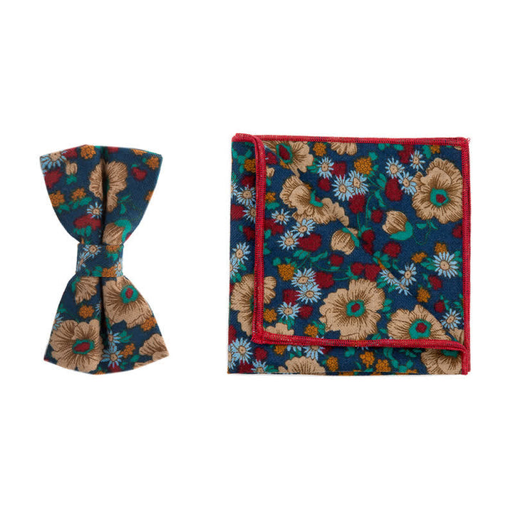 2Pcs Men's Flower Cotton Handkerchief Bow Tie Set - Blue - Bow Tie + Square Scarf - image 3