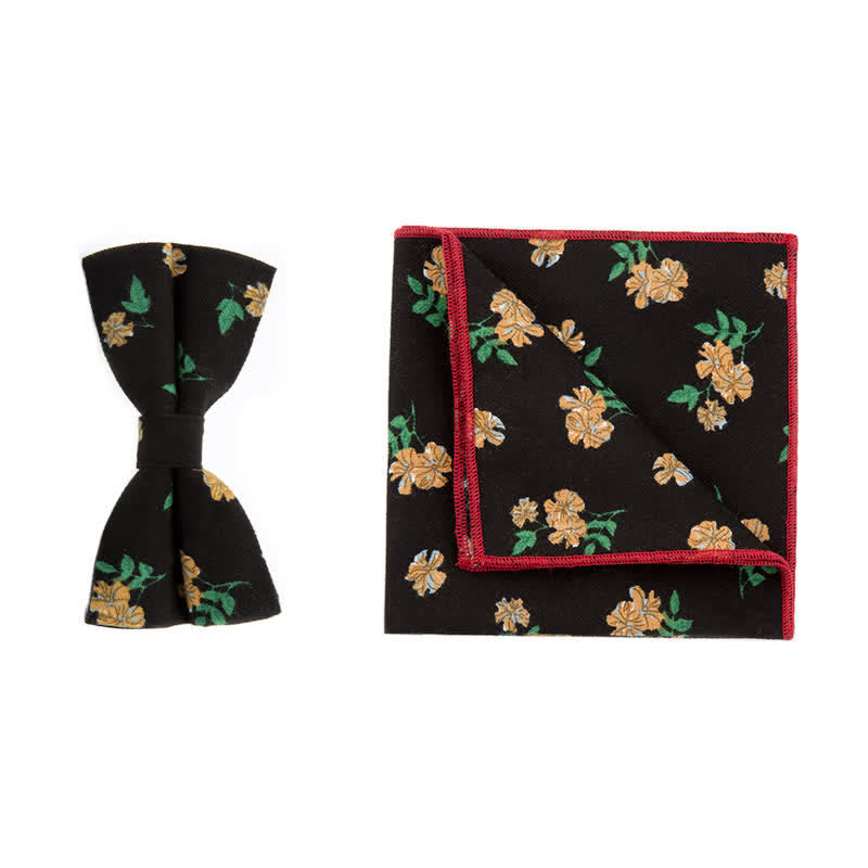 2Pcs Men's Flower Cotton Handkerchief Bow Tie Set - Black & Orange - Bow Tie + Square Scarf - image 1