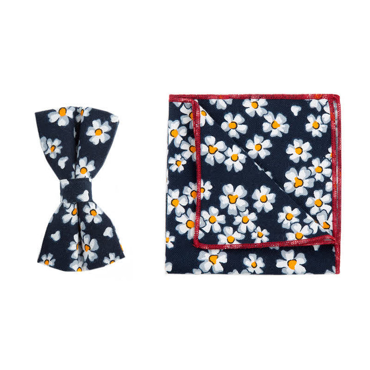 2Pcs Men's Flower Cotton Handkerchief Bow Tie Set - Navy - Bow Tie + Square Scarf - image 2
