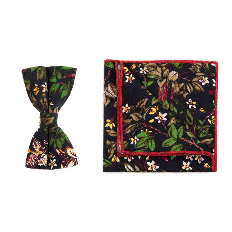 2Pcs Men's Flower Cotton Handkerchief Bow Tie Set - Black & Green - Bow Tie + Square Scarf - image 6