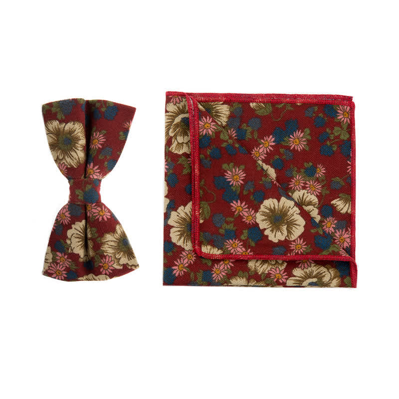 2Pcs Men's Flower Cotton Handkerchief Bow Tie Set - Dark Red - Bow Tie + Square Scarf - image 4