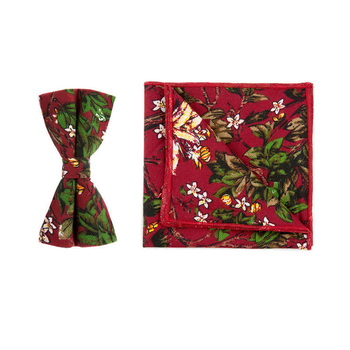 2Pcs Men's Flower Cotton Handkerchief Bow Tie Set - Red - Bow Tie + Square Scarf - image 7
